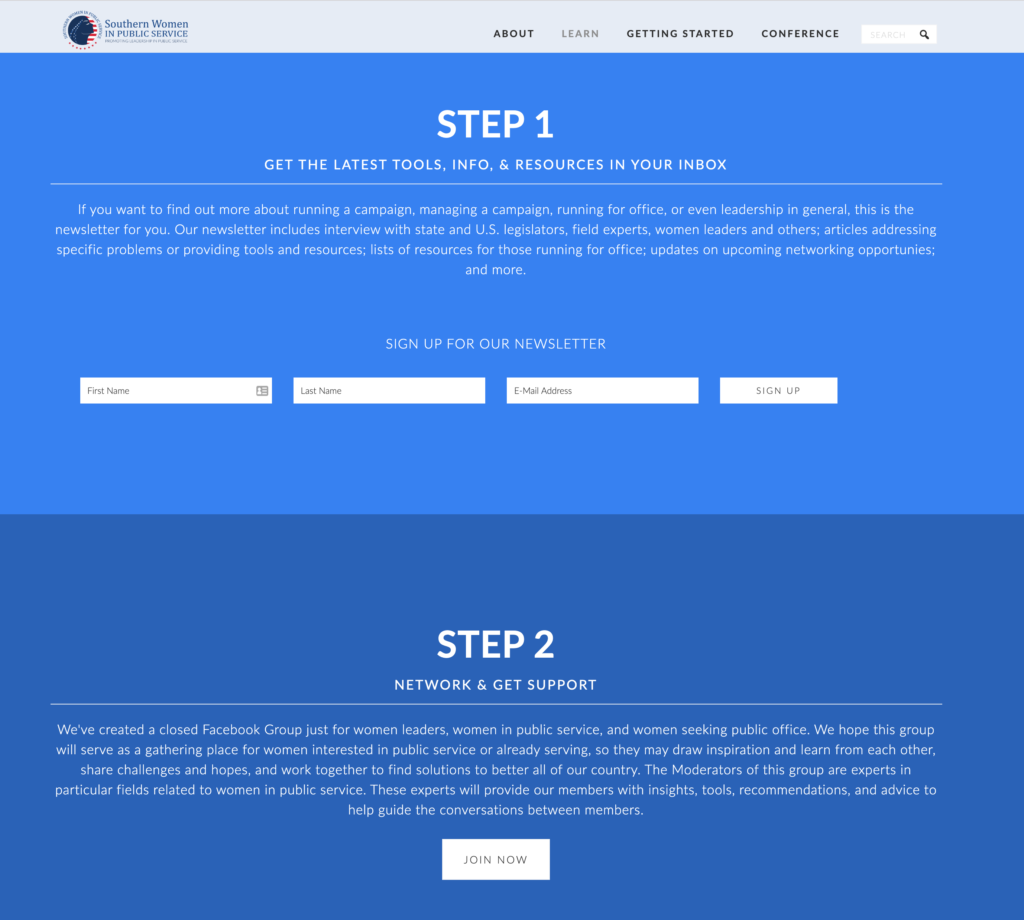 Custom web page layout with clear calls to action