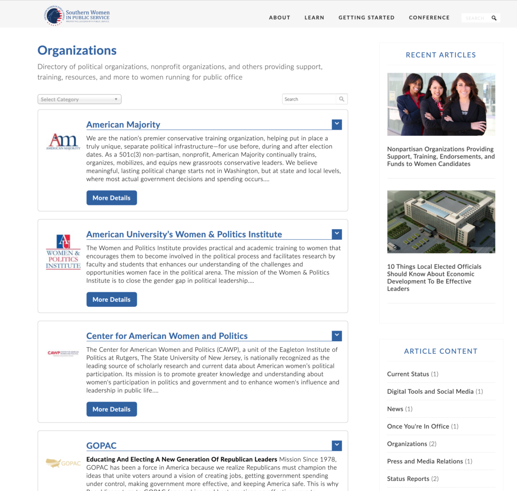 Screenshot of web page showing a directory of organizations