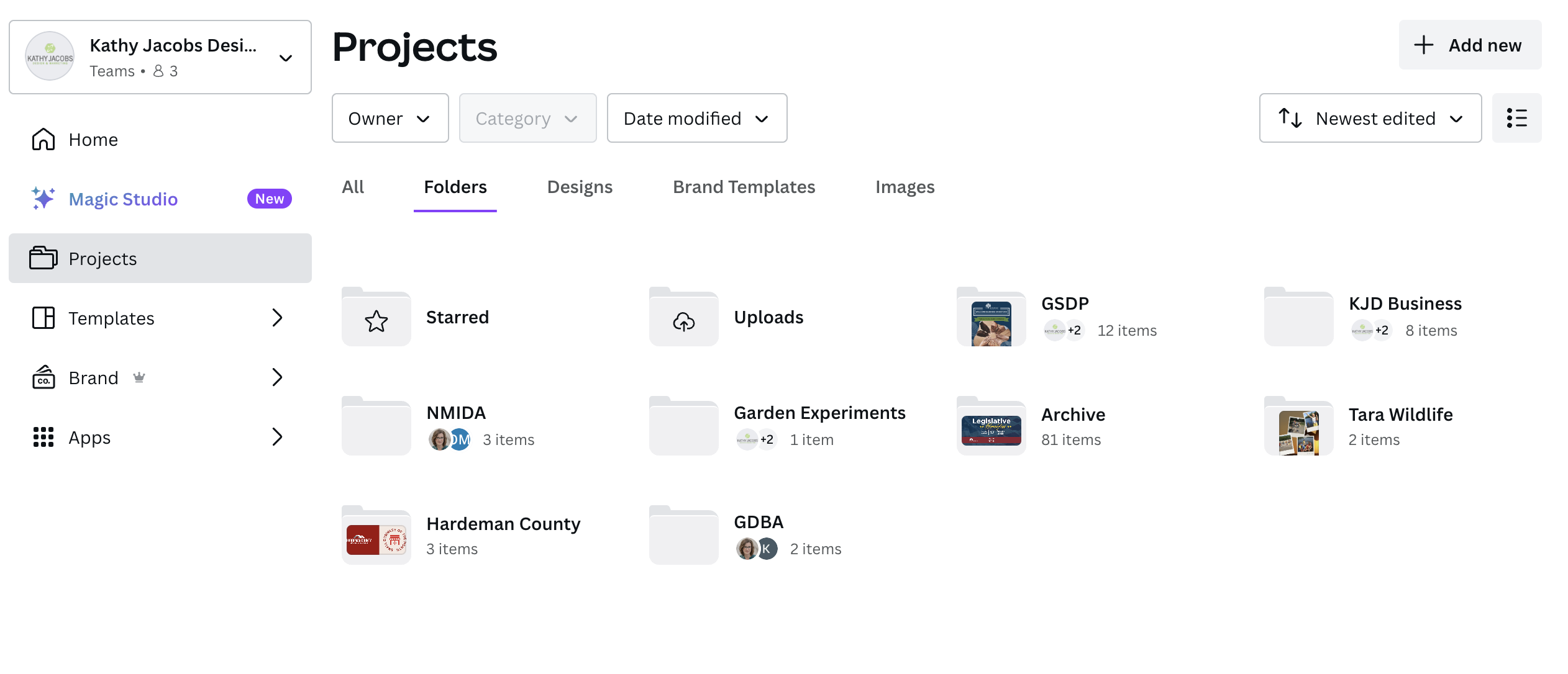 Examples of Canva folders for different design projects
