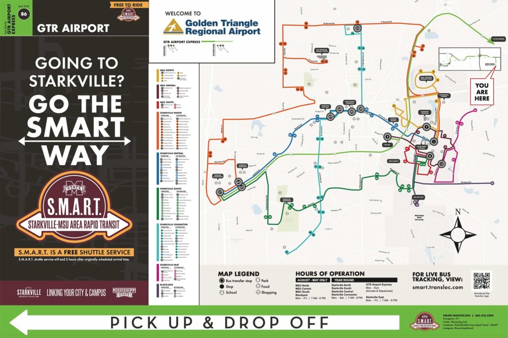 Mississippi State University SMART Bus map and sign for the airport