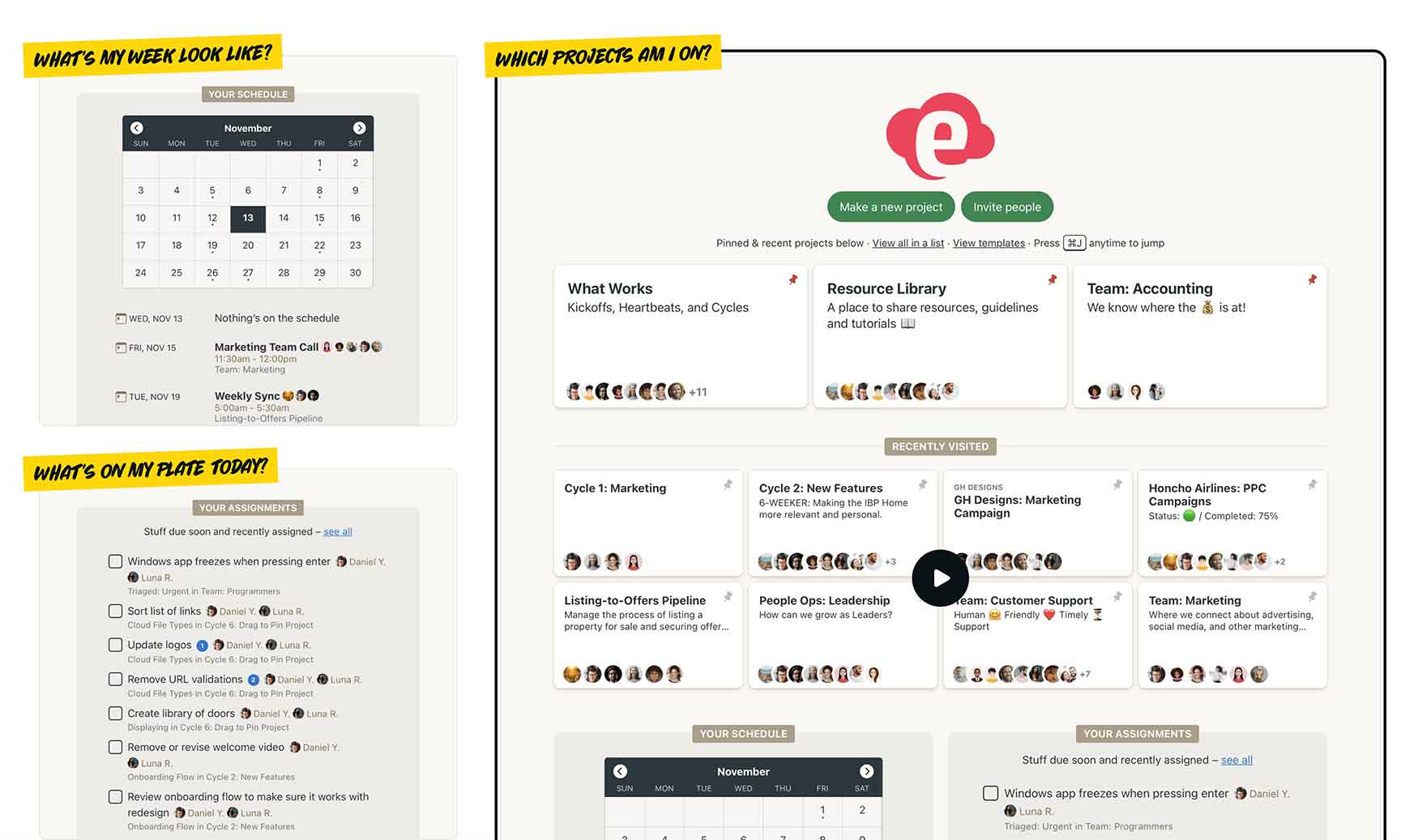 Screenshot of Basecamp systems showing calendar, task list, and projects.