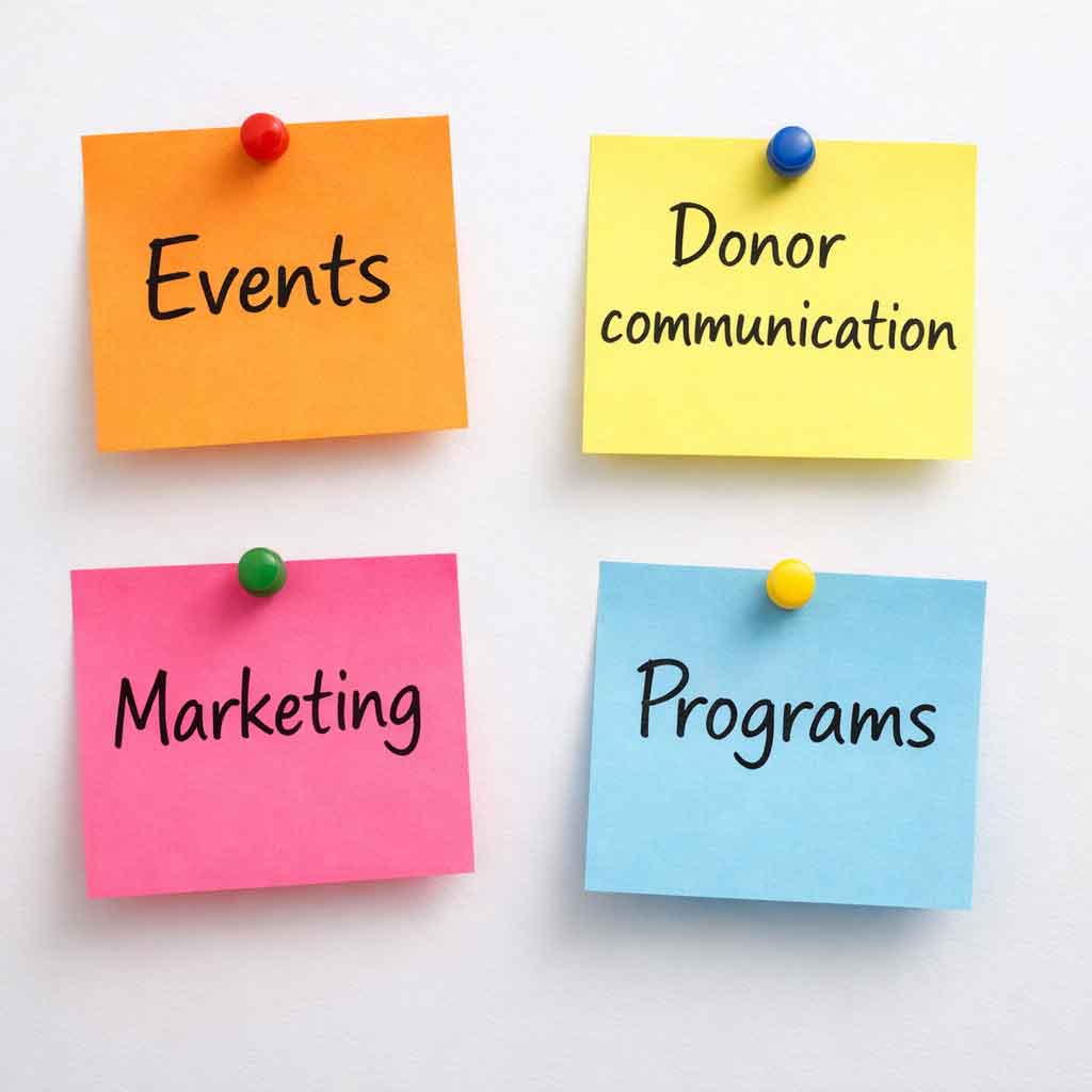 Sticky notes showing: Events, Donor Communication, Marketing, and Programs