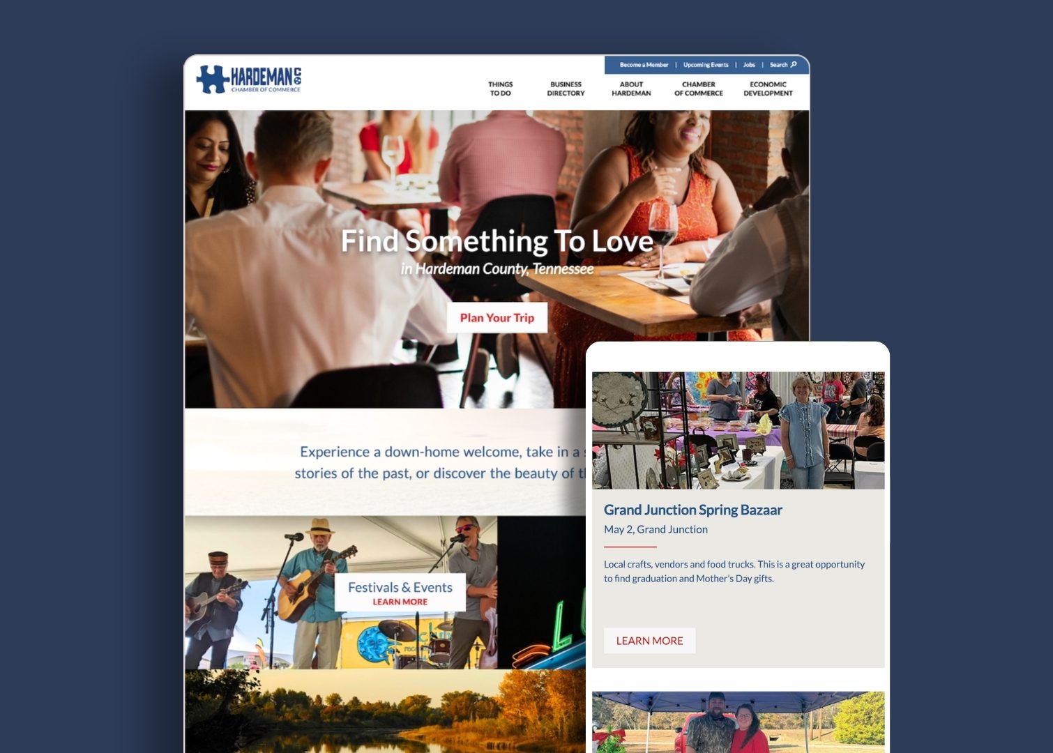 Mockup of Hardeman County Chamber of Commerce website homepage and mobile view